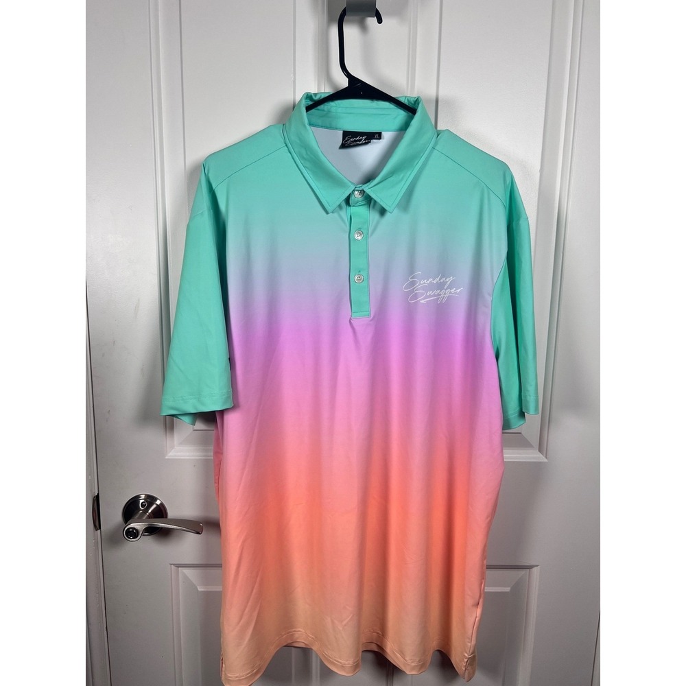 Sunday Swagger Mens XL Golf Polo Shirt Sunset Ombre Gradient Mint Pink Orange